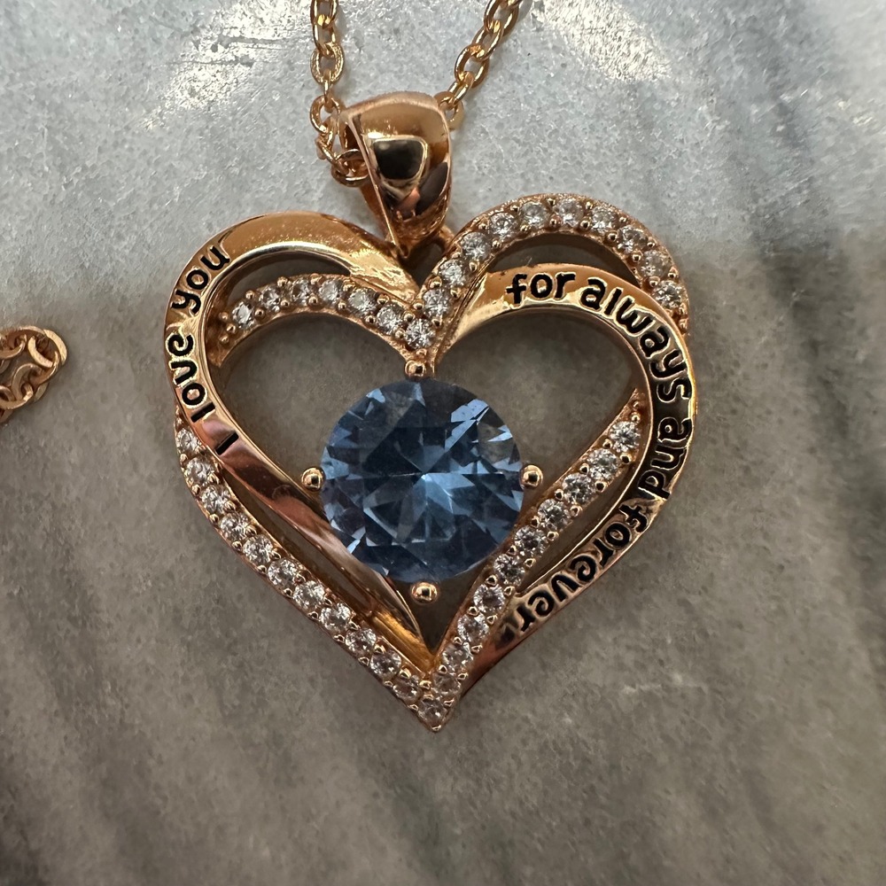 Rose Gold 925 Sterling Silver Blue Heart Necklace I Love You Always and Forever - Picture 3 of 9